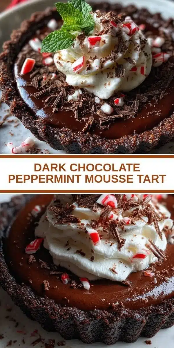 Dark chocolate peppermint mousse tart topped with chocolate shavings and mint leaves