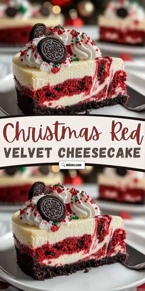 Decadent red velvet cheesecake with holiday decorations for Christmas dessert