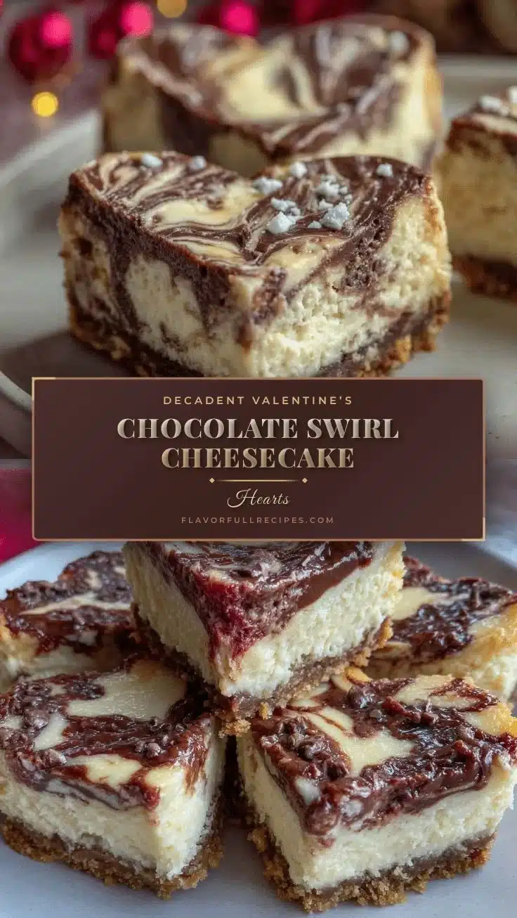 Decadent Valentine's chocolate swirl cheesecake hearts for a romantic dessert.