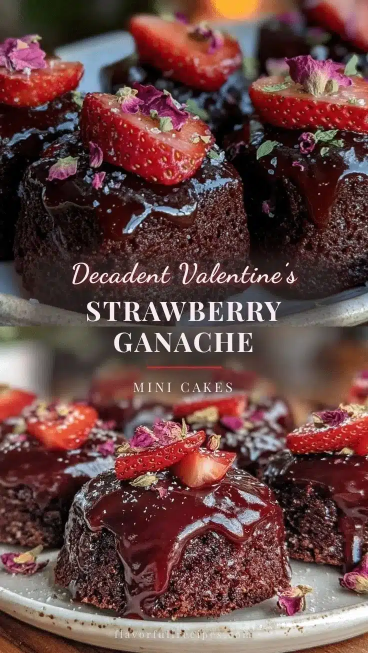 Valentine's strawberry ganache mini cakes topped with fresh strawberries