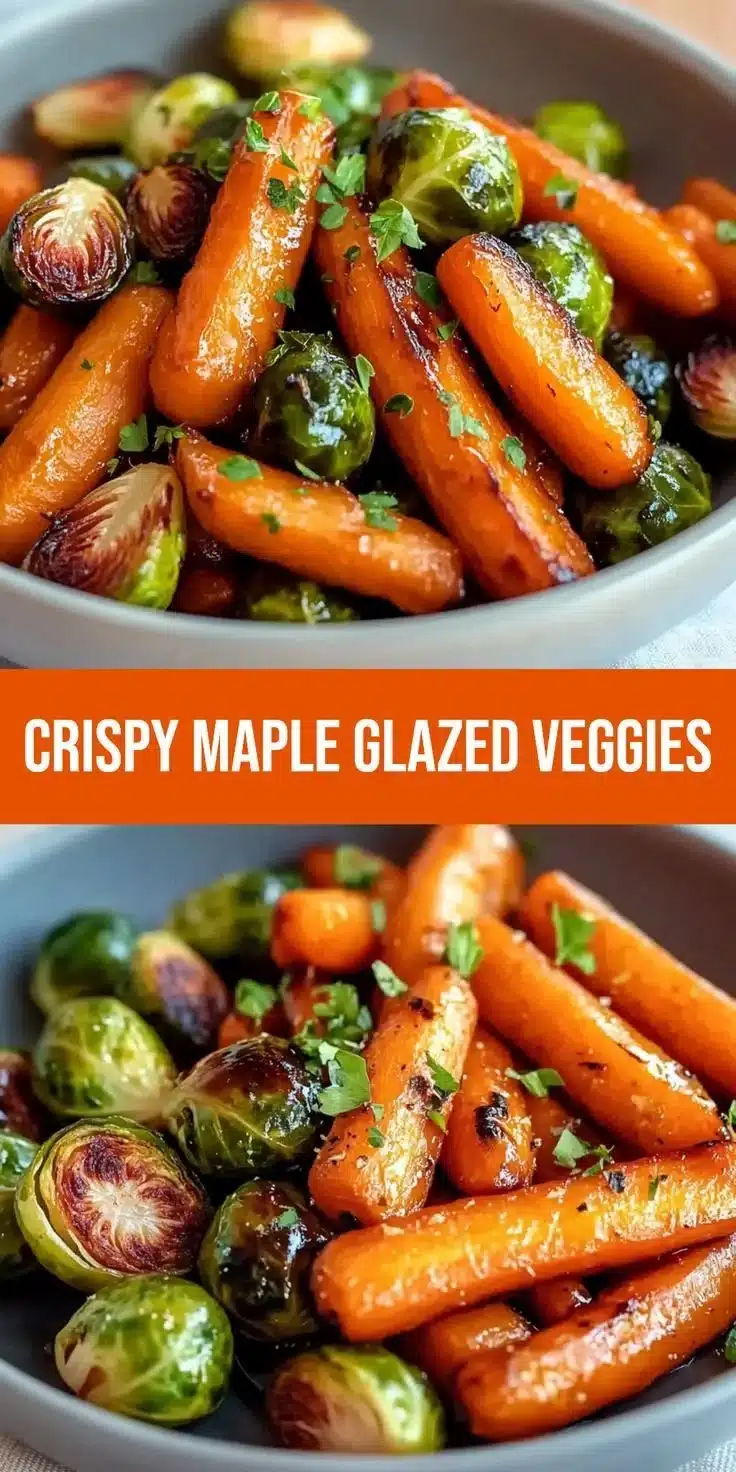 Crispy maple glazed carrots and Brussels sprouts on a plate.