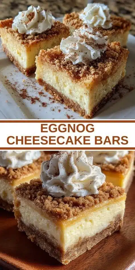 Delicious Eggnog Cheesecake Bars topped with whipped cream and nutmeg