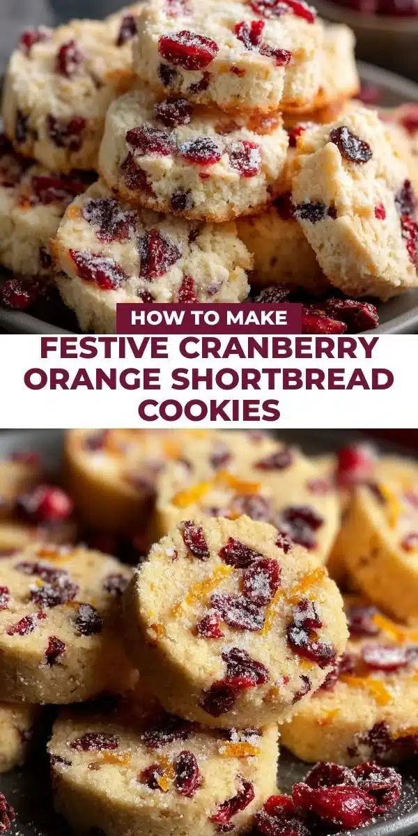 Plate of festive cranberry orange shortbread cookies on a holiday table