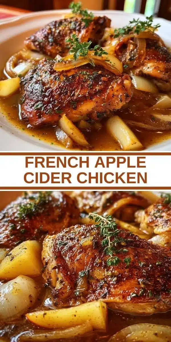 Delicious French apple cider chicken dish garnished with herbs on a plate