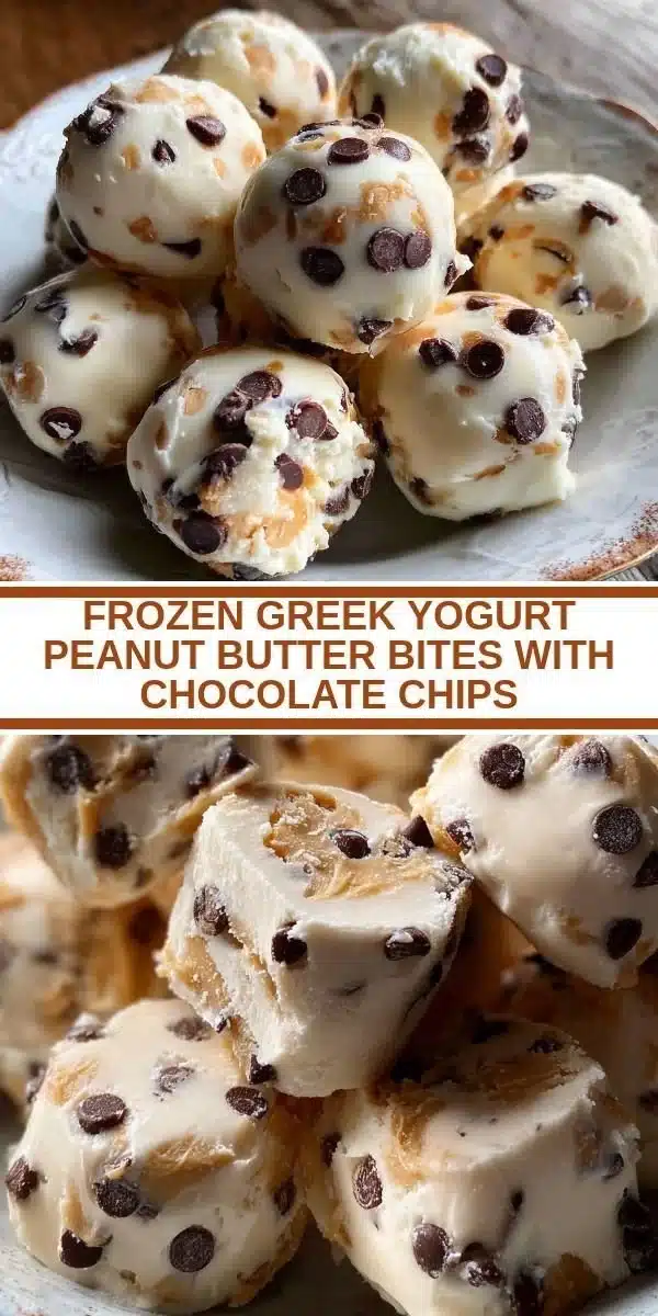 Frozen Greek yogurt peanut butter bites with chocolate chips served in a bowl