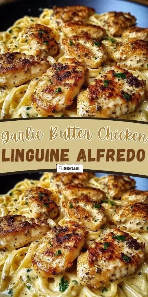 Plate of Garlic Butter Chicken with linguine in Alfredo sauce