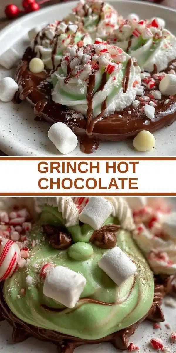 Delicious Grinch Hot Chocolate topped with whipped cream and festive marshmallows