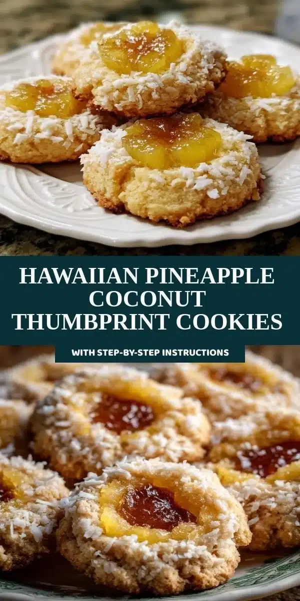 Hawaiian Pineapple Coconut Thumbprint Cookies with coconut flakes and pineapple filling.
