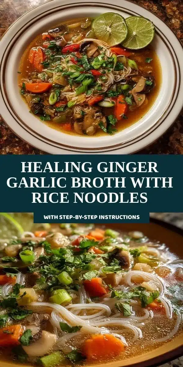 Bowl of Healing Ginger Garlic Broth with Rice Noodles garnished with herbs