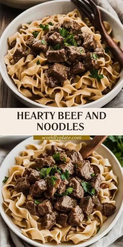 Bowl of hearty beef and noodles garnished with herbs