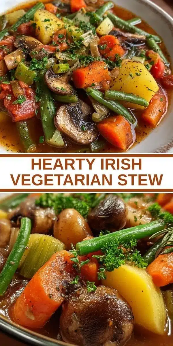 Bowl of Hearty Irish Vegetarian Stew filled with vegetables and herbs