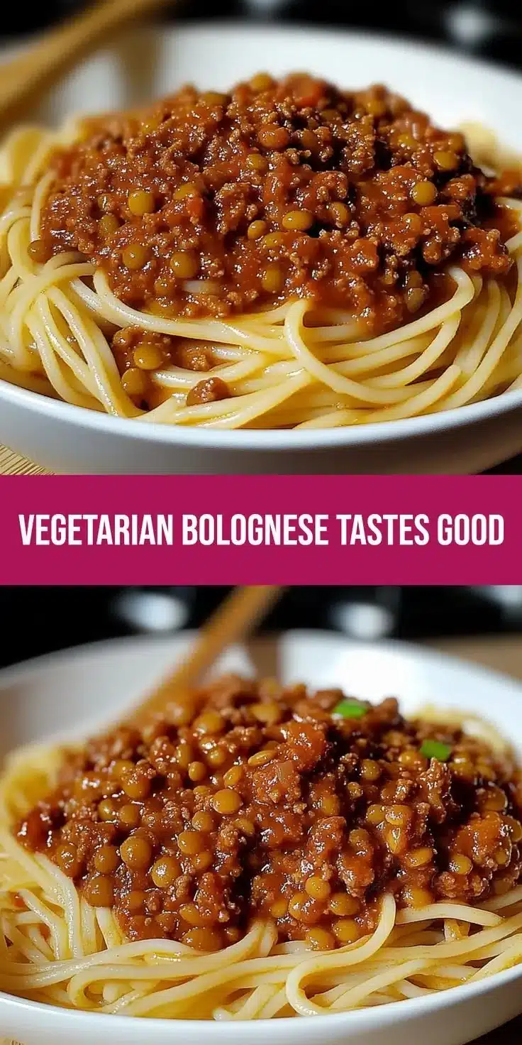 Hearty lentil Bolognese served in a bowl with fresh herbs and pasta.