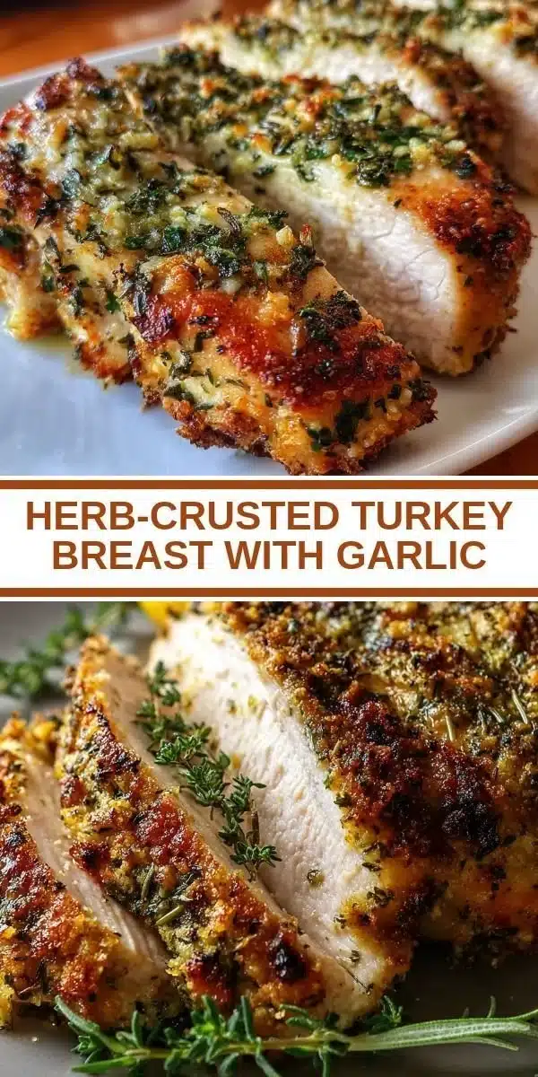 Herb-crusted turkey breast garnished with garlic, ready to serve.