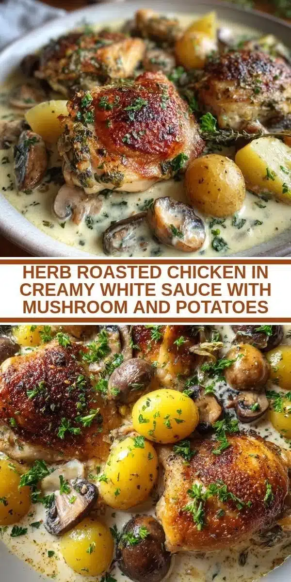 Herb roasted chicken in creamy white sauce with mushrooms and potatoes