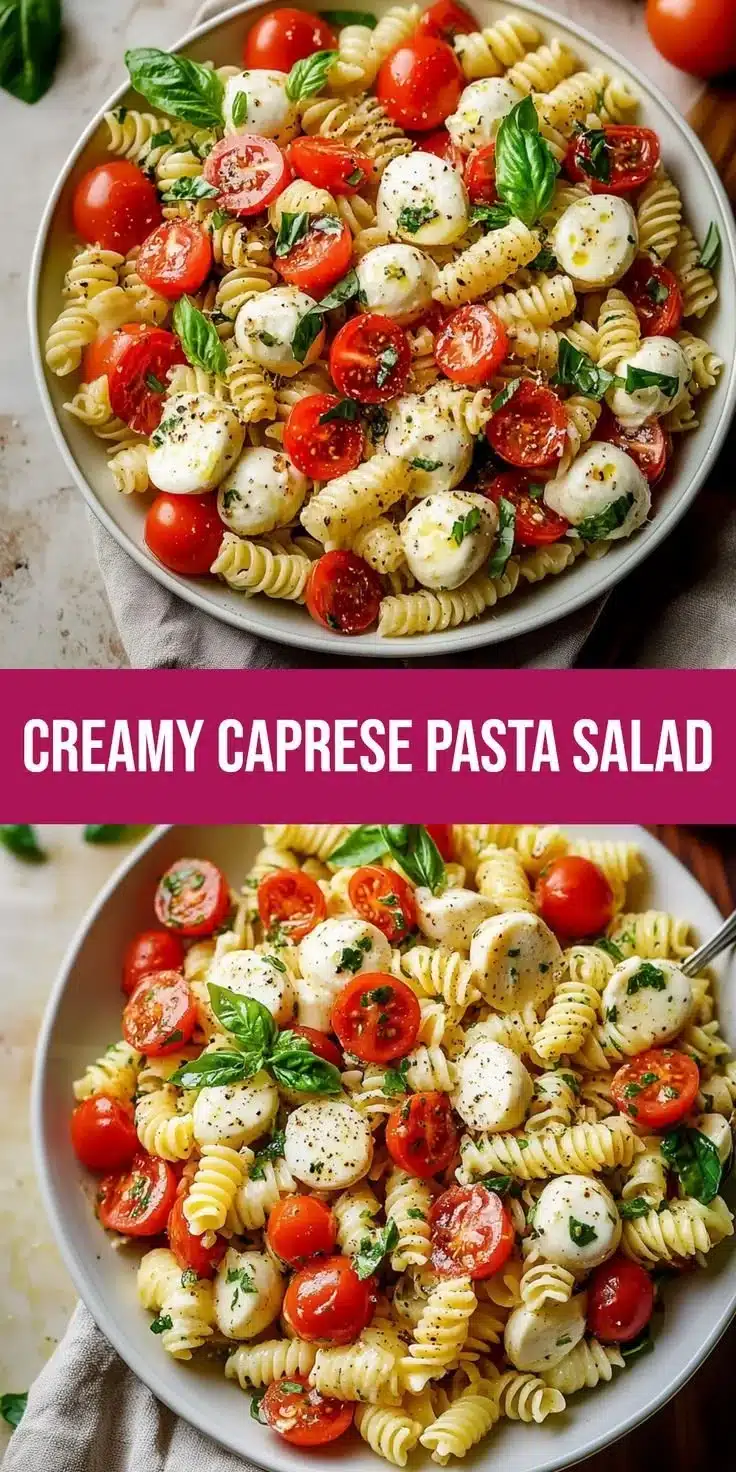 Irresistibly creamy Caprese Pasta Salad with fresh tomatoes, mozzarella, and basil.