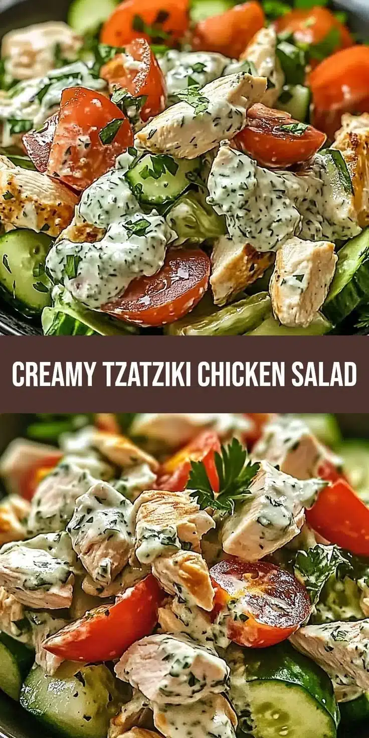 Irresistibly creamy Mediterranean tzatziki chicken salad served in a bowl.
