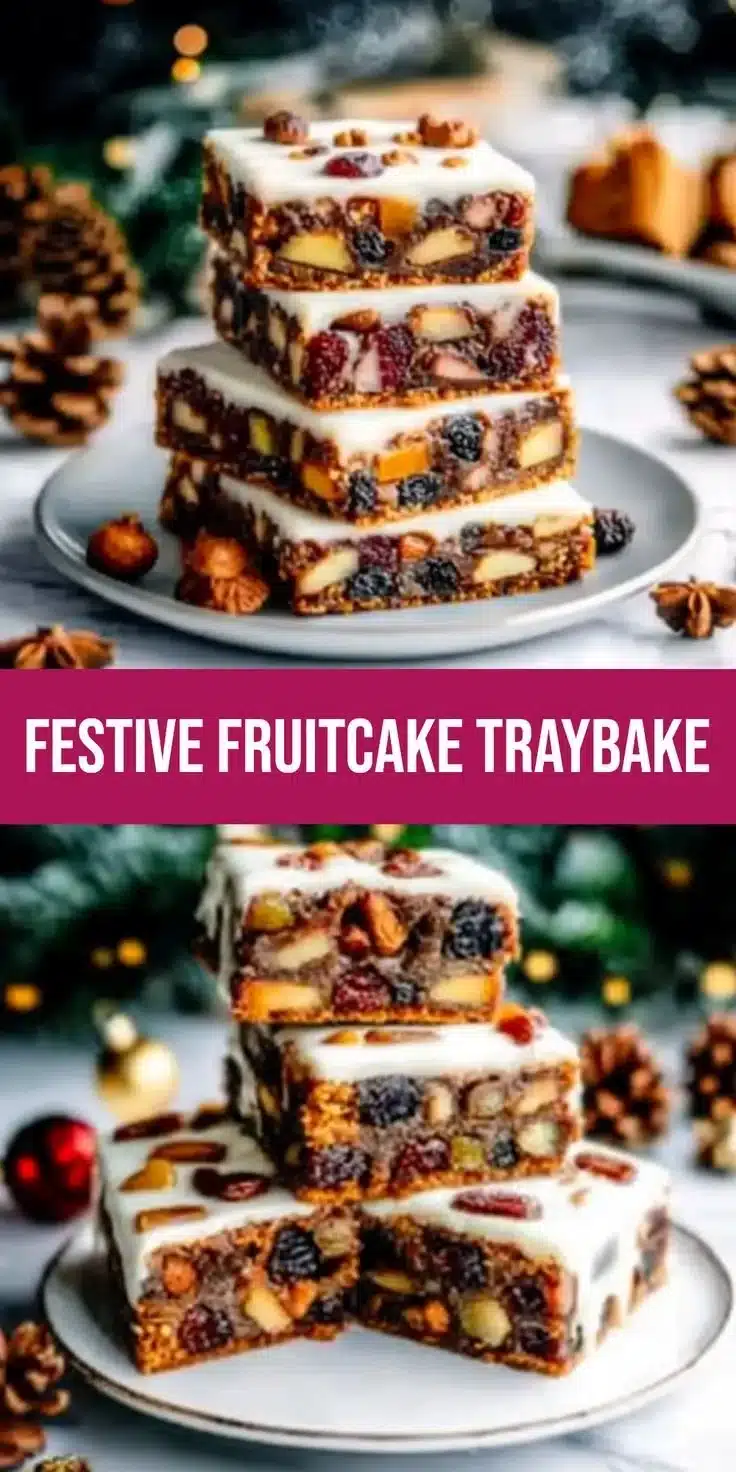 Irresistibly festive Christmas fruitcake traybake served on a decorative tray.