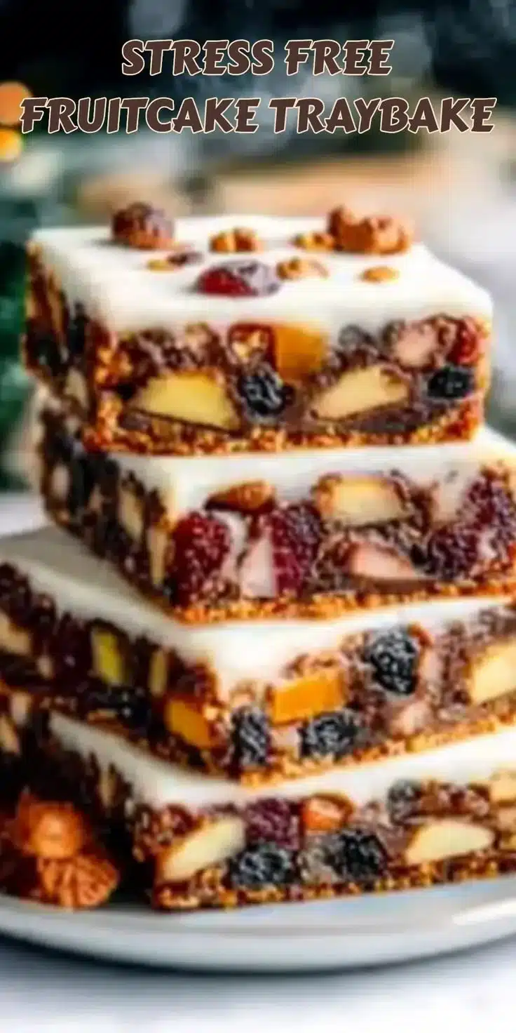 Festive Christmas fruitcake traybake decorated with colorful fruits and nuts.