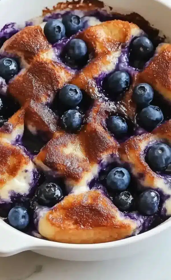 Irresistibly gooey overnight blueberry French toast casserole topped with fresh blueberries.