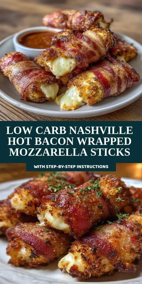 Low carb Nashville hot bacon wrapped mozzarella sticks on a plate