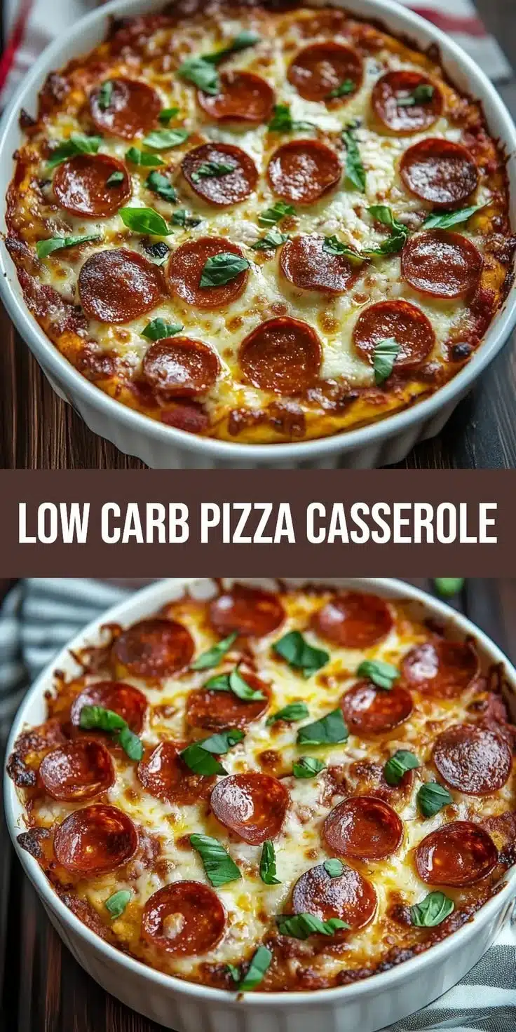 Delicious low carb pizza casserole served in a baking dish