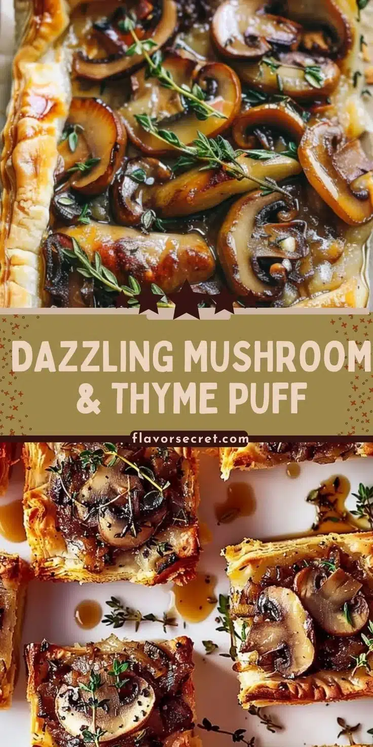 Luxe mushroom and thyme puff squares on a wooden serving platter