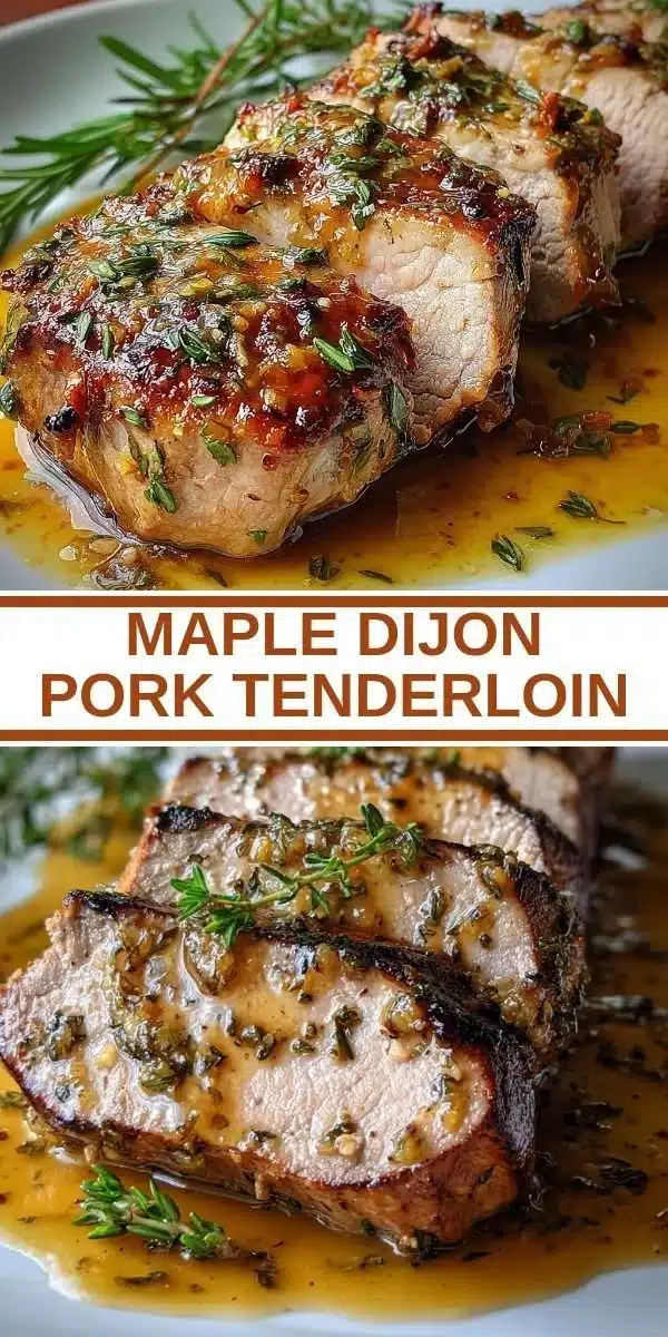Maple Dijon Pork Tenderloin on a plate garnished with herbs