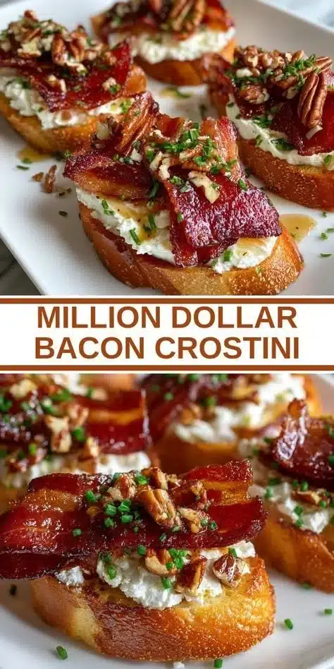 Delicious million dollar bacon crostini topped with creamy spread and herbs