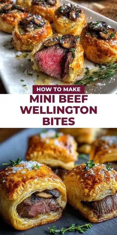 Mini Beef Wellington Bites on a platter as a savory appetizer.