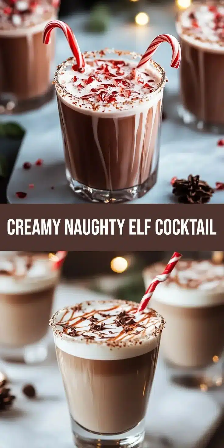 Naughty Elf Cocktail: a creamy festive drink garnished with holiday decorations