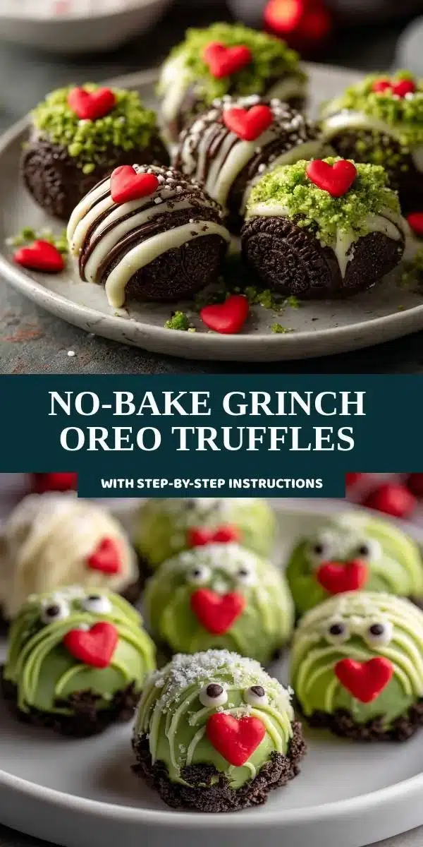 No-bake Grinch Oreo Truffles decorated for Christmas