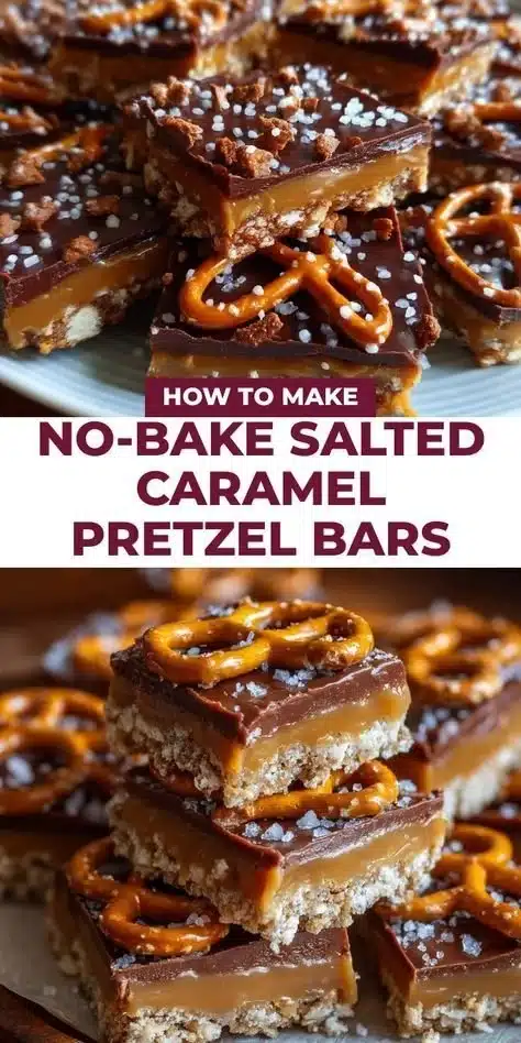 No-bake salted caramel pretzel bars topped with chocolate and sea salt