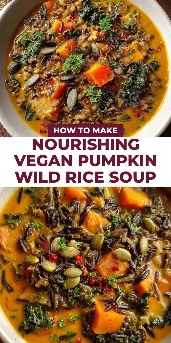 Bowl of nourishing vegan pumpkin wild rice soup garnished with herbs