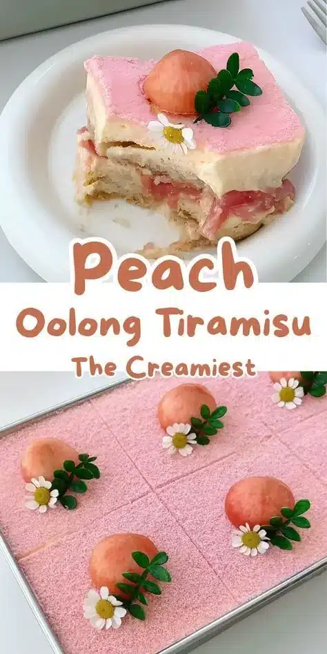 A slice of Peach Oolong Tiramisu topped with fresh peach slices and decorated with oolong tea leaves.