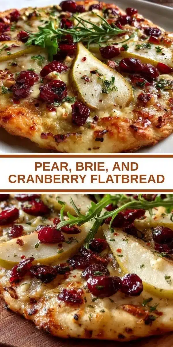 Pear, brie, and cranberry flatbread topped with fresh ingredients
