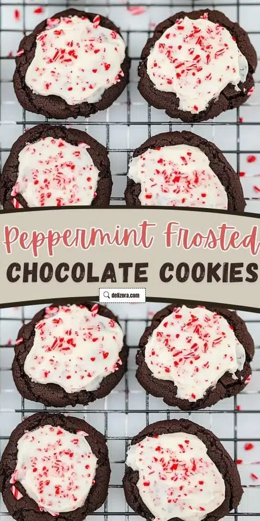 Peppermint frosted chocolate cookies on a decorative plate