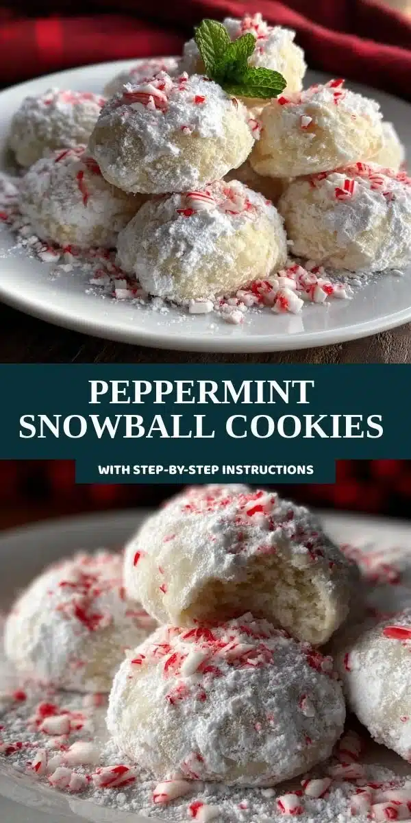Plate of delicious Peppermint Snowball Cookies dusted with powdered sugar