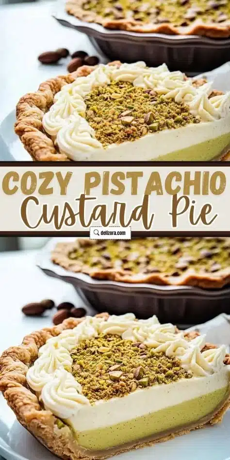 Delicious slice of homemade Pistachio Custard Pie topped with whipped cream