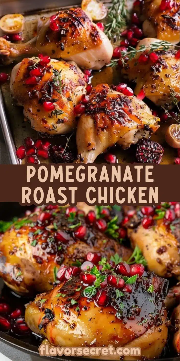 Pomegranate Sumac Roast Chicken pieces served on a plate with herbs.
