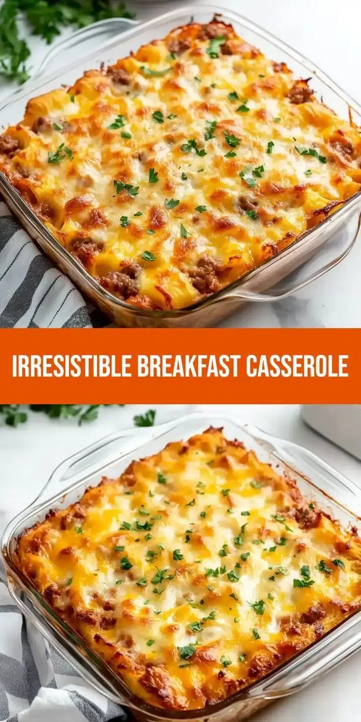 Quick and easy crescent roll breakfast casserole topped with cheese and herbs