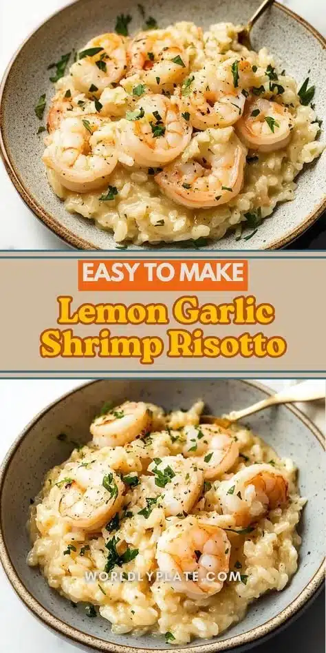 Delicious Quick Lemon Garlic Shrimp Risotto served in a bowl with garnish