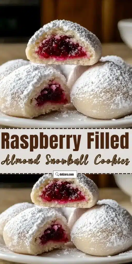 Delicious Raspberry Filled Almond Snowball Cookies dusted with powdered sugar