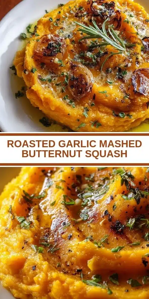 Creamy roasted garlic mashed butternut squash dish served in a bowl.