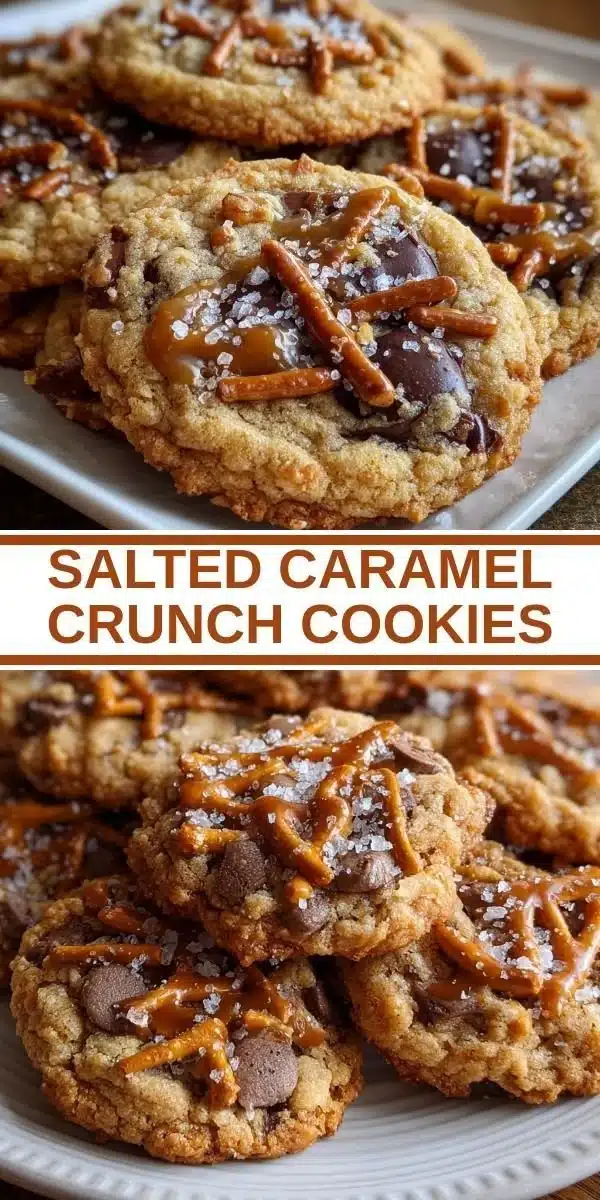 Freshly baked salted caramel crunch cookies with a sweet and salty topping