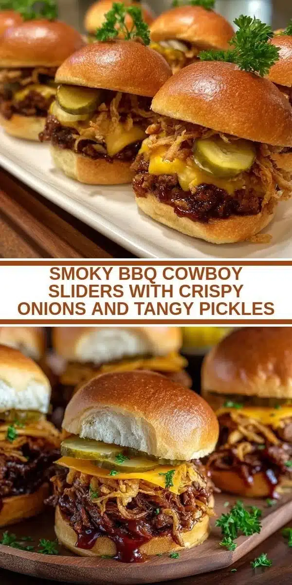 Smoky BBQ cowboy sliders with crispy onions and tangy pickles on a wooden platter.