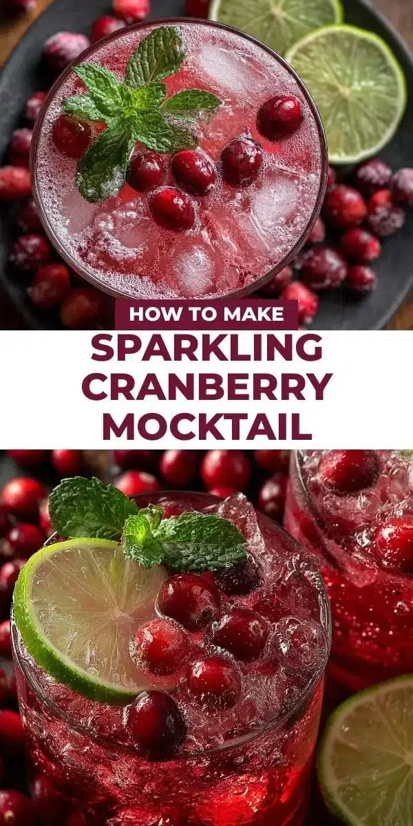 Sparkling Cranberry Mocktail in a clear glass with garnished lime and cranberries