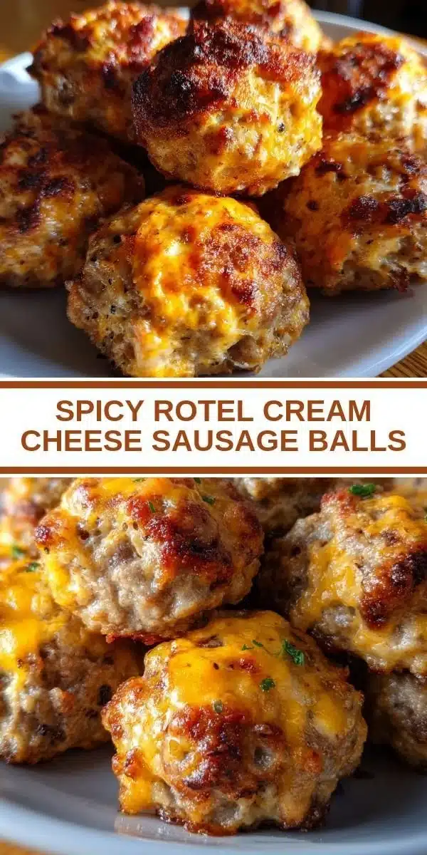 Spicy Rotel cream cheese sausage balls served on a platter.