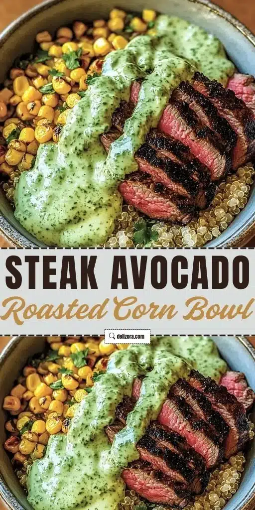 Steak Avocado Roasted Corn Bowl with Cilantro Cream on a table