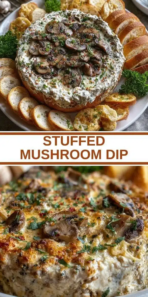 Delicious stuffed mushroom dip served with crackers and vegetables