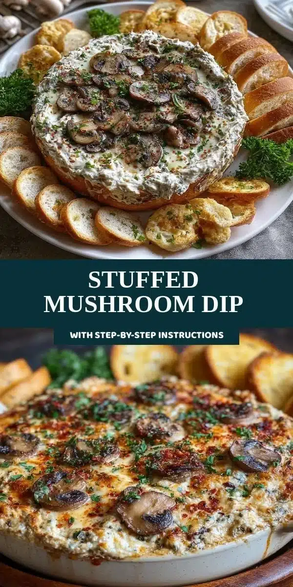 Delicious stuffed mushroom dip served in a bowl with crackers